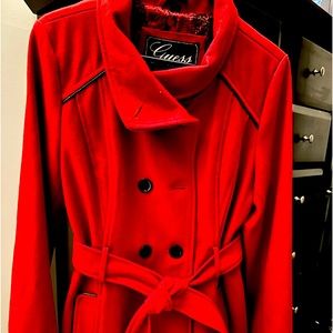 Red Guess 3/4 length coat with double breast/black leather piping/belt